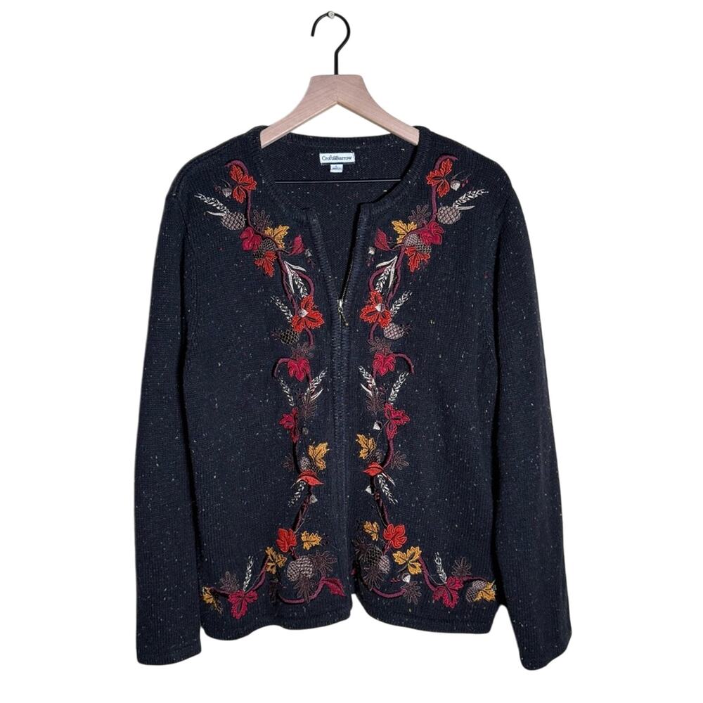 VINTAGE CROFT & BARROW autumn embroidered grandma knit Thanksgiving cardigan L